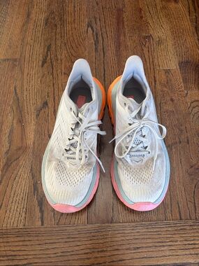 Hoka One One Women's Running Shoes in White with Pink & Orange Accents